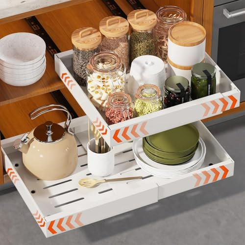 HASA zone Ausziehbare Schublade Küche mit Nano-Klebefolie, 42CM Tiefe Teleskopschublade,Schrank Organizer Ausziehbar, Einstellbare Breite 32-48cm (Weiß)