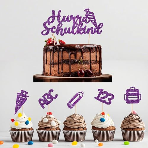 Tortendeko Einschulung 2025, 11er Set Cake Topper Hurra Schulkind, ABC 123, Zuckertüten - Mädchen & Junge - Ideal für Schulanfang & Geschenke-School Cake Decoration Set (Lila)