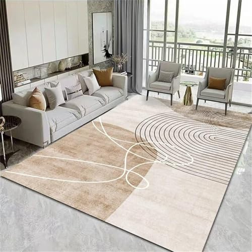 AUWUUA Großer Teppich Wohnzimmer 210x240cm Nordischen Stil Geometrischer Kurzflor Teppich Schlafzimmer, Beige Braun Modern Abstrakte Linie Rechteckig Teppichläufer für Flur, Küche, Esszimmer, Balkon