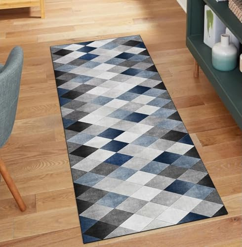 QQrunner Küchenläufer rutschfest, Waschbar Grau Blau 90x600CM Teppich Läufer Flur Lang Meterware Patchwork Teppichläufer Korridor Polyester Wohnzimmer Schmutzfangmatte