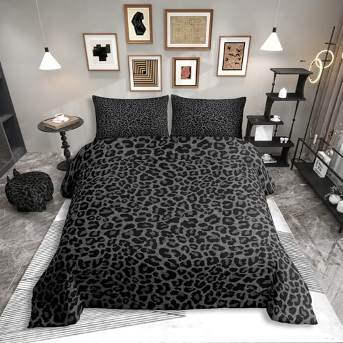 Homewish Schwarze Bettwäsche Simuliertes Leopardenmuster 220x240cm Wildlife Geparden Druck Bettbezug für Jungen Mädchen Erwachsene,Rustikale Leopard Mikrofaser Bettwäscheset Schlafzimmerdekor 3-Teilig