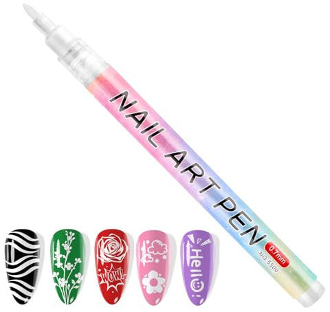 Kalolary 1pcs White 3D Nail Art Pens Set Glitter Nail Graffiti Drawing Pen Nail Polish Pens Fine Tip Manicure Tools for Painting Nails DIY Nail Art Beauty Adorn for Women Girls (1P White 0.7mm)