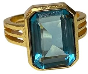 Himmelblauer Aquamarin-Ring mit Smaragdschliff, 6,50 Karat, Panchdhatu, vergoldet, verstellbar, für Damen und Herren