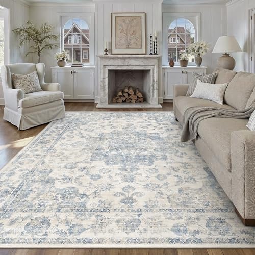 HUGEAR Vintage Teppich Wohnzimmer 200x300cm Blau Waschbar | Waschbarer Retro Teppich,Weich,Rutschfest Kurzflor,Groß,für Wohnzimmer,Schlafzimmer, Esszimmer,Büro,Carpet,Teppiche
