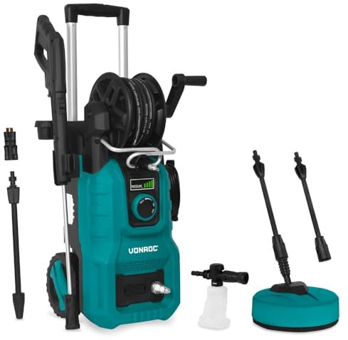 VONROC Idropulitrice V24-3 2400W 180 Bar con Regolatore di Pressione | Avvolgitubo Integrato, Tubo Alta Pressione 10 m, Pompa in Alluminio, Schiumatore e Pulitore Patio, Set Completo