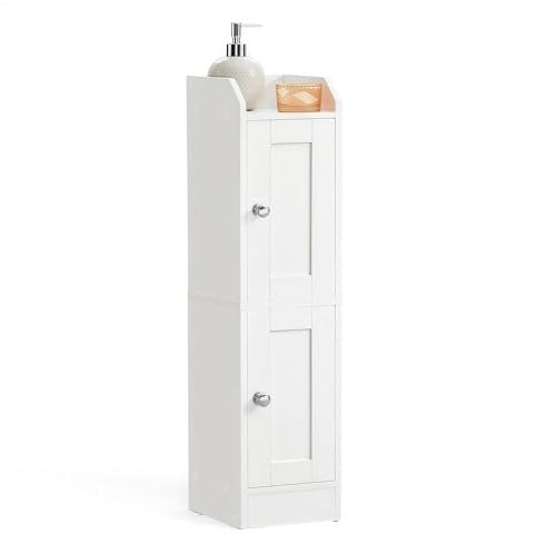 VASAGLE Slim Bathroom Cabinet, Corner Floor Cabinet, Narrow Toilet Paper Storage, Adjustable Shelves, Doors Open to Left or Right, Farmhouse, Cloud White SIREN Collection BBK312WB02