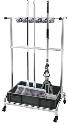 DunleyMin Stainless Steel Mop and Broom Holder with Wheels, Mobile Cleaning Trolley 10 Slots + 12 Hooks Garden Tool Organiser Stand for Dry Towels, Brooms, Mops