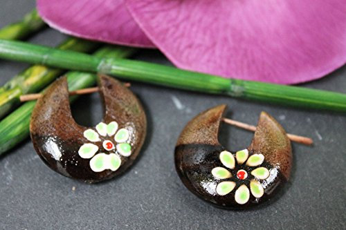 Naturesco Holz Ohrringe Kreolen Creolen aus Holz handbemalt mit Blüten hellgrün 2,7cm - Versand kostenlos!