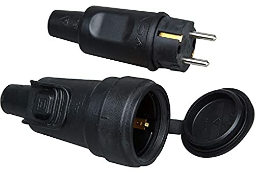 Kopp Gummisteckverbindungs-Set, IP44, Schutzkontakt-Vollgummistecker und Schutzkontakt-Gummikupplung mit Steckverriegelung und Spritzwasserkappe, für Kabelquerschnitte bis 3x2,5m², schwarz, 190716017