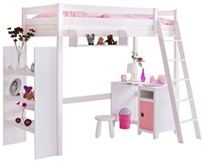 TiCAA extra Hochbett, Kinderbett Spielbett mit Treppe aus Kiefer Massivholz Bettgestell 90 x 200