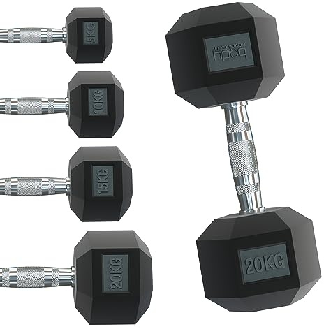 Body Revolution Hex Dumbbell - Rubber Coated Hexagonal Cast Iron Weights with Ergonomic Knurled Handle - Strength Training Equipment for Men and Women - Range from 1kg - 40kg