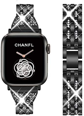 DEALELE Armband Kompatibel mit Apple Watch 42mm 41mm 40mm 38mm, Glitzer Strass Diamant Metall Ersatz Armbänder für iWatch Series 10/9 / 8/7 / 6/5 / 4/3 / SE Damen Herren (Schwarz)