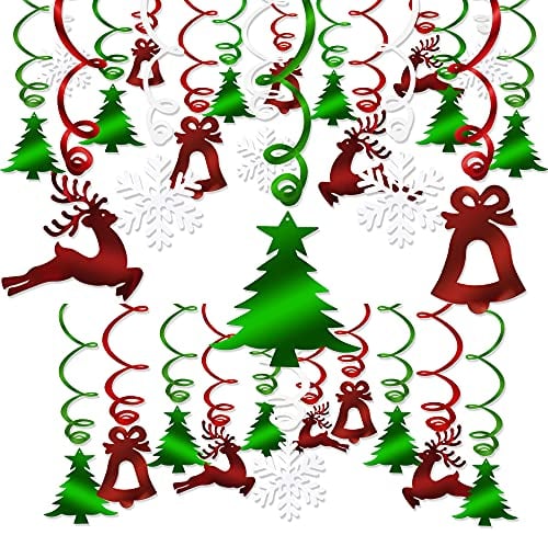 HOWAF 30 Pieces Hanging Swirl Decoration, Christmas Tree Bell Reindeer Snowflake Swirls Dangling Ceiling Decorations for Xmas Winter Holiday Party Supplies