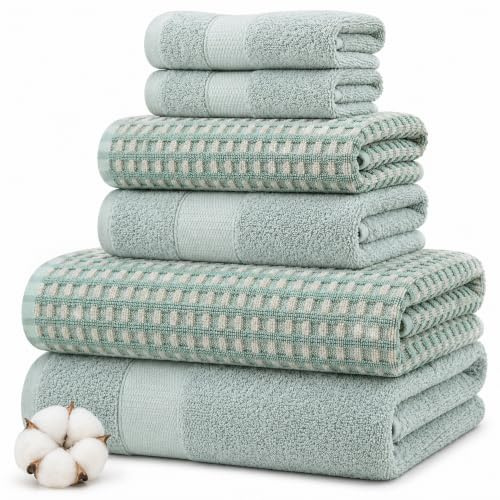 Modern Threads 6 Piece Bath Towel Set – Bathroom Towel Set with 2 Bath Towels, 2 Hand Towels & 2 Washcloths – 100% Cotton, Soft & Absorbent – Waffle (Sage Mist)