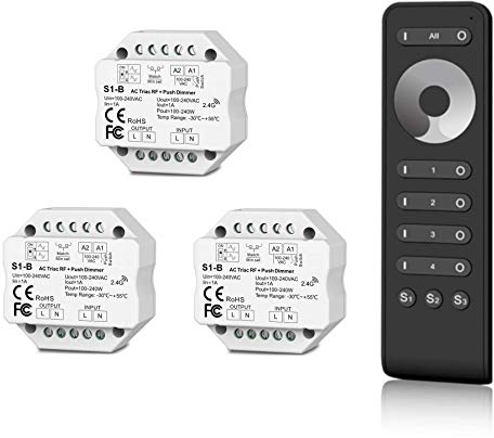 Universal Funk-Dimmer 230V Set mit Gruppenfernbedienung, Steuerung von LED, Halogen, Glühbirnen- elektronischer Dimmer kompatibel mit Tastschalter (3x Dimmer, Unterputz-Dimmer)