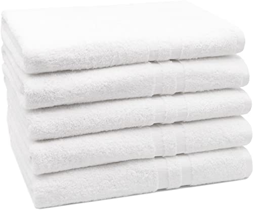 ZOLLNER 5er Set Duschtücher in 70x140 cm - Flauschige Badehandtücher aus Baumwolle - mit moderner Streifenbordüre - waschbar bis 95°C - mit praktischem Aufhänger - in weiß - Hotelqualität