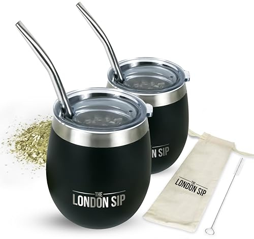 Yerba Mate Cup and Bombilla Set | 2 Mate Gourds, Spill Resistant Lids, & Mate Straws | Bombilla Brush & Pouch Included | Yerba Mate Gourd Kit with Bombilla Mate & Mate Tea Cups (Black)