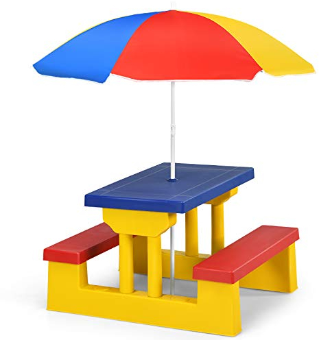 GYMAX Sitzgarnitur mit Sonnenschirm, Kindersitzgruppe aus Kunststoff, Gartenmöbel Kindermöbel inkl. Tisch & Bänke, für Kinder, mit abgerundeten Ecken, für drinnen & draußen