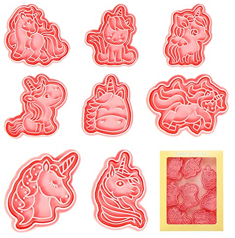 Moldes Galletas Infantiles, 8pcs Cortadores de Galletas Unicornio, 3D Molde para Galletas de Plástico, Unicorn Formas Galletas, Cookie Cutter para Galletas, Fondant, Decoración de Pasteles