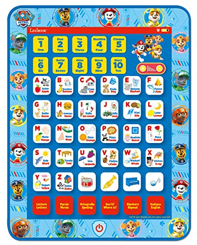 Lexibook, Paw Patrol Tablette éducative bilingue Interactive Jouet pour Apprendre Lettres Alphabet numéros Mots orthographe et Musique, Anglais/Italien, Bleu, JCPAD002PAi5