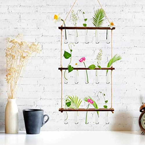 3 Tier Wall Hanging Planter Terrarium Planting Propagation Stations with 15 Clear Test Tubes and Wooden Stand Glass Planter Test Tube Vase for Propagating Hydroponic Vegetation Home Office Garden