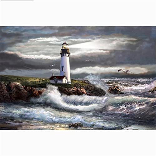 Tinnfea DIY 5D Diamant Malerei Vollbohrer Kit, square drill Leuchtturm Am Meer 50x70cm Diamond Painting Bilder Set Malen nach Zahlen Kreuzstich Stickerei Strass Mosaik Gemälde für Home Wand Dekor