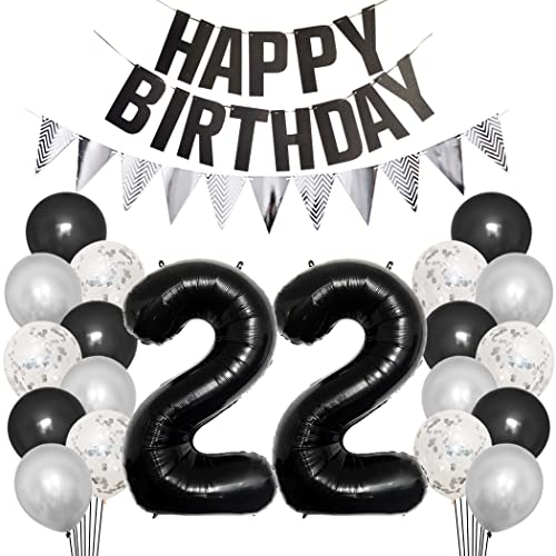 Borsgye 22. Geburtstag Deko Set 22 Jahr Geburtstagsdeko Ballon Männer Junge Frauen Schwarz Happy Birthday Banner Silber Glitzernder Dreiecks Banner Konfetti Luftballons Schwarz Folienballon Zahl 22