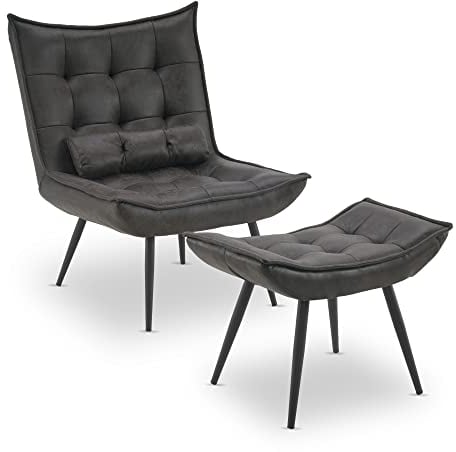 MCombo Sessel mit Hocker, moderner Relaxsessel mit Taillenkissen für Wohnzimmer, Retro Vintage Lesesessel Loungesessel Stuhl Polstersessel 4779 (Dunkelgrau, mit Hocker)