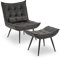 MCombo Sessel mit Hocker, moderner Relaxsessel mit Taillenkissen für Wohnzimmer, Retro Vintage Lesesessel Loungesessel Stuhl Polstersessel 4779 (Dunkelgrau, mit Hocker)