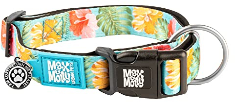 Max & Molly Hundehalsband mit Sicherheits-QR-Code, weich, verstellbar und wasserdicht, niedliches tropisches Sommer-Design, für Mädchen und Jungen, Größe L, Blaugrün
