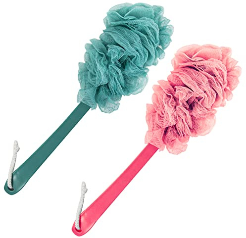 Evmliy 2Pack Back Scrubber for Shower, Loofah Sponge Brush Exfoliating Body, Long Handle Scrub Brush for Shower with Loofah on a Stick for Back Use, Bathing Accessories Body Brushes (2Pack)