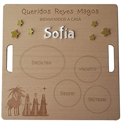 Qukimax® Bandeja Reyes Magos Personalizable, Madera y Metacrilato | Con Nombre/s, Bienvenida a los Reyes Magos, Disponible en Castellano y Català