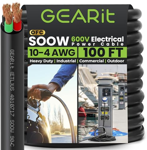 GEARit 100 ft SOOW Portable Power Cable 10/4 Gauge, 10 AWG 4-Conductor 600V Electrical Wire, Flexible Rubber Cord for Generators, Motors, Welder Machines, EV Chargers, Industrial Outdoor Use