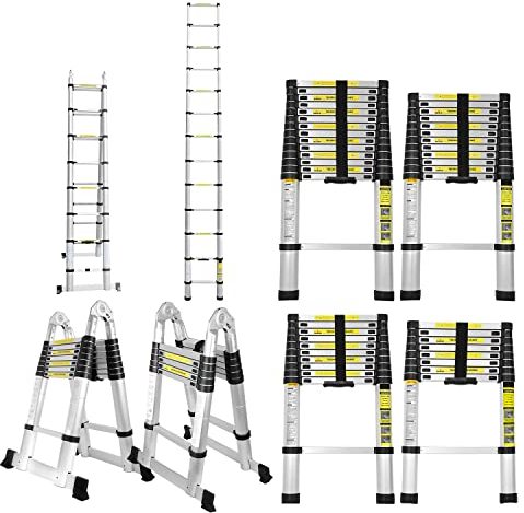 Jiubiaz 5M Teleskopleiter Klappleiter Aluminium, Tragbar Mehrzweckleiter Ausziehleiter, 2,5M+2,5M Faltbar Stehleiter, Alu-Teleskopleiter Rutschfester, Bis 150 kg Belastbarkeit