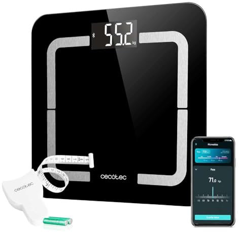 Cecotec Digitale Badezimmerwaage mit APP Surface Precision Smart Healthy. Gehärtetes Glas, Bluetooth, Bioimpedanzmessung mit 10 Parametern, LCD-Display, maximales Gewicht 180 kg, 310x310 mm.