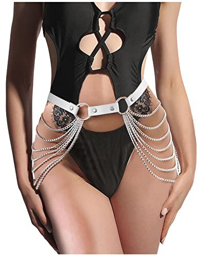 JasGood Damen Punk Taille Körperkette Gürtel, Punk Leder Körperzubehör Schwarz mit Goldene Kette, Party Sexy Gothic Accessoires für Frauen und Mädchen Karneval Cosplay