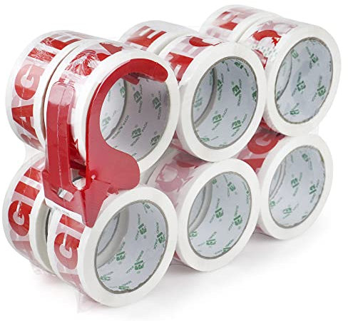 BOMEI PACK FRAGILE 48 mm x 66 m ruban adhésif d'emballage pour colis et boîtes, Rouleau adhesif distributeur 12 rouleaux