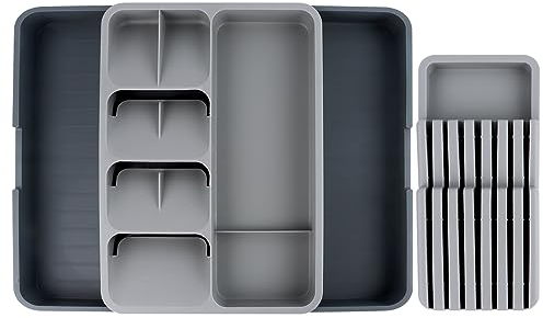 RISVOWO Organizador de Cubiertos, Bandeja para Cubiertos Extensible, Organizador Cajones Cocina, Porta Cubiertos, Cubertero para Cajón Plastico para Cucharas, Tenedores, Cuchillos, 40x56x5.5cm, Gris