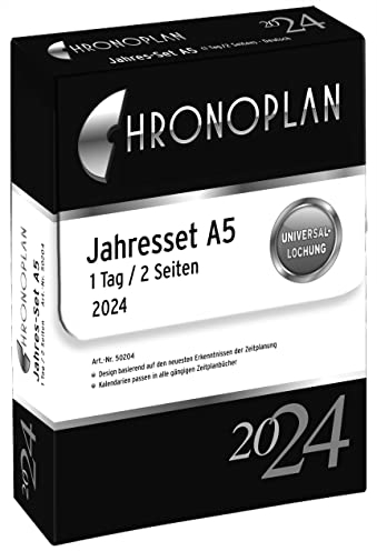 Chronoplan 50204 Kalendereinlage 2024 (Jahres-Set A5 (148x210mm), Ersatzkalendarium für Terminplaner, Tagesplaner, ideal für detaillierte Tagesplanung, 1 Tag auf 2 Seiten, mit Universallochung) weiß
