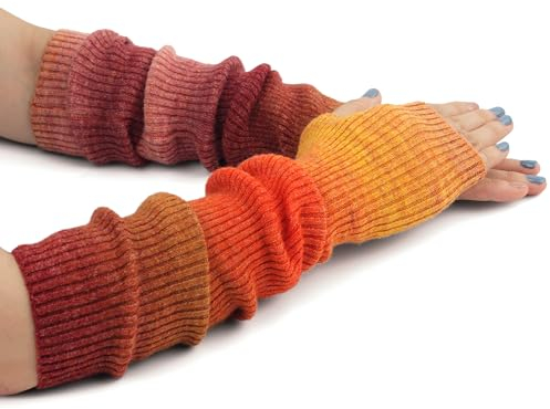 Flammi Kaschmir-Mischung Armwärmer Winter Fingerlose Handschuhe Strick Fäustlinge Handschuhe Handgelenkwärmer mit Daumenloch für Frauen, Batikfärbung, orange (42 cm), Medium