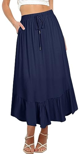 REORIA Damen Röcke Elastische Maxiröcke mit hoher Taille für Damen Lange Röcke mit Taschen Marineblau XXL