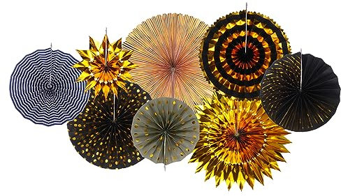 sourcing map Hanging Paper Fans Party Set 8Pcs Round Pattern Hanging Paper Fans Decoration for Home Shop Wall Birthday Wedding Graduation Events(Gold Black Gray)