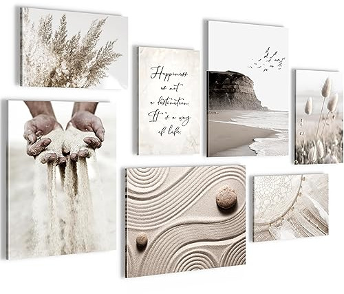 Novart Wandbilder Strand Boho - KOMPLETT AUFHÄNGFERTIG - Beige Wohnzimmer Schlafzimmer - 7 Moderne Mood-Bilder - N028171a