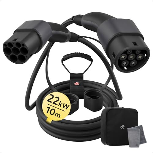 dé Cavo Ricarica Auto Elettrica Tipo 2 22kW | 10m | 32A | Trifase EV Cavo Tipo 2 con Borsa per Trasporto Ricarica Veloce e Compatibile con Model 3 e-UP Zoe Kona e-Tron Mini e Altri Veicoli Elettrici