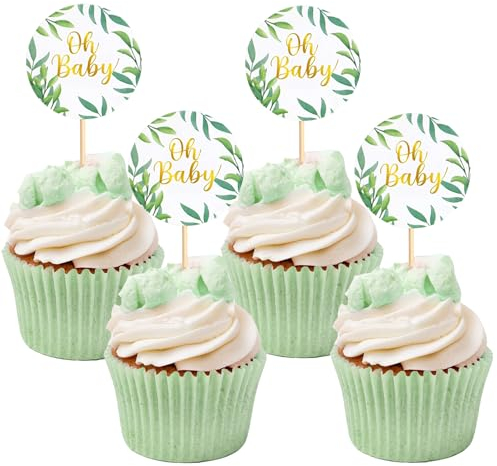 qingmeng 30 Stück Oh Baby Cake Topper Grün| Babyparty Deko Junge Mädchen | Baby Shower Deko | Tortendeko Welcome Boy or Girl | Cupcake Muffin Deko für Windeltorte Gender Reveal Neutral Party Dusche