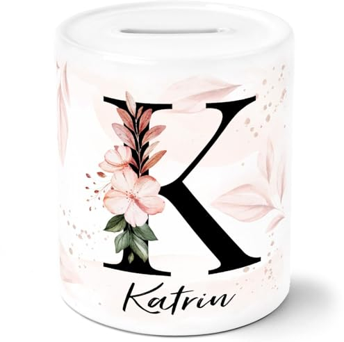 SpecialMe® Spardose für Kinder personalisiert mit Namen und Monogramm Geschenk Mädchen Keramik floral weiß Spardose