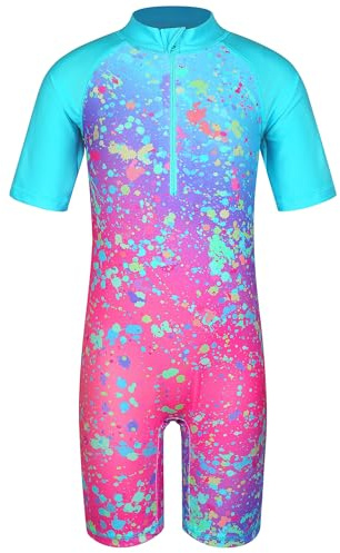 HUAANIUE Filles Maillot de Bain 1 Pièce 2-12 Ans, Anti-UV UPF 50+ Manches Courtes, Fermeture Éclair Frontale, Imprimés Colorés, Idéal pour Plage et Piscine (S406-Point Bleu, 10-11 Ans)