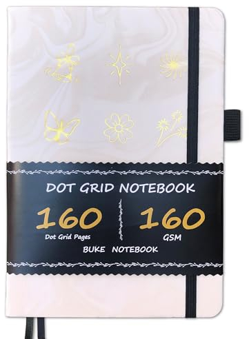 BUKE Bullet Dotted Journal - 160gsm Bamboo Paper - A5 Size Dot Grid Notebook - 160 Pages 5x5mm DOT GRID Layout - PU Leather Hardcover Fluid Texture Flowing Art And Foil Stamping In Gold Color (Cream)