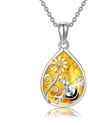 URONE Biene Kette 925 Sterling Silber Bernstein Biene Sonnenblume Anhänger Halskette Miraculous Biene Schmuck Geschenke für Damen