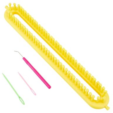 Hobbspring Strickwebstuhl Set Rechteckiges Strickbrett Webstuhl Stopfnadel Aus Kunststoff Häkelnadel Gelbe Schalweben Lange Hüte Schalherstellungswerkzeug DIY Garnwebsets Für Frauen Erwachsene